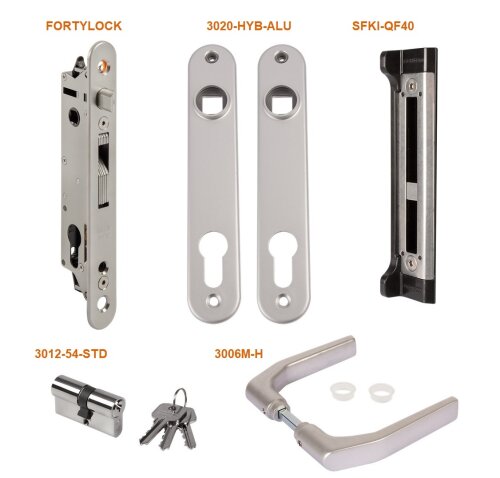 LOCINOX® sada FIFTYSET na zamykání křídlové branky (štítek, doraz, cylindrická vložka, klika), pro profil 50x40mm